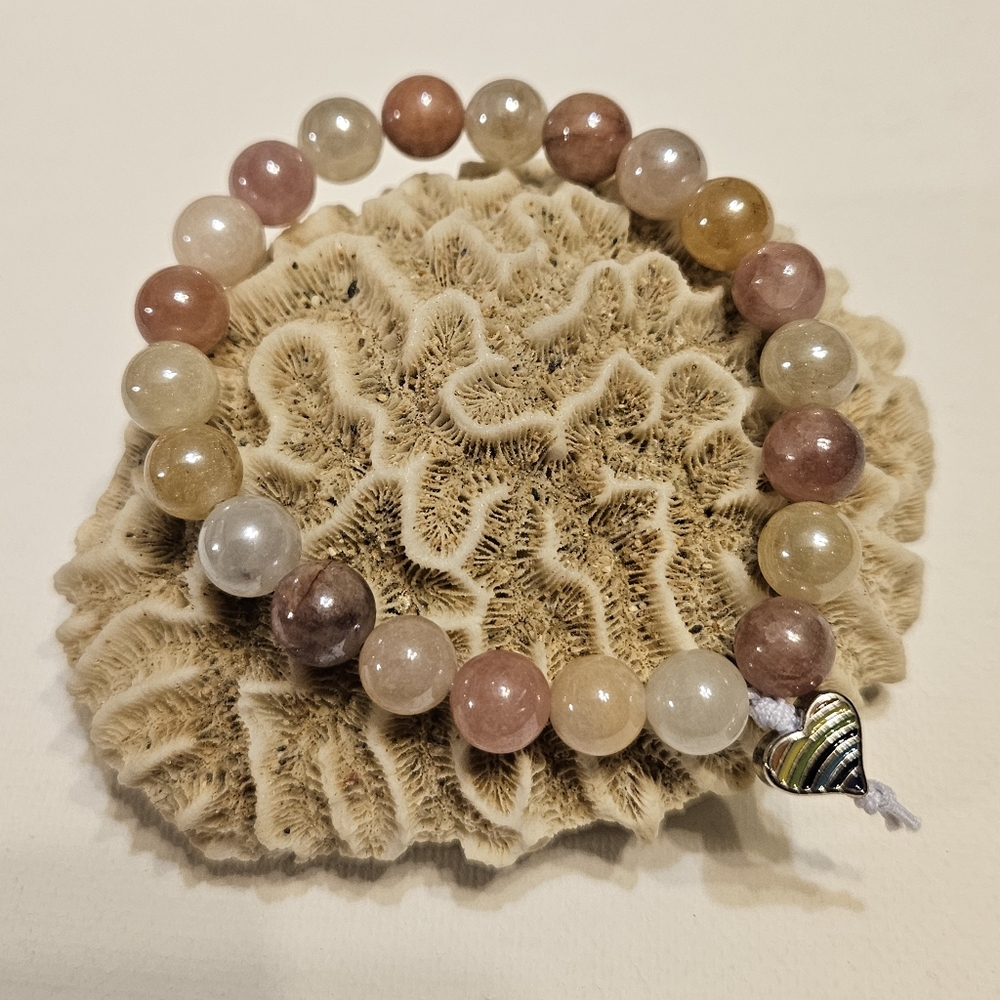 Elegant SUNSTONE Beaded Stretch Bracelet with Colorful Heart Charm ♡ Handmade ♡ - Picture 7 of 10